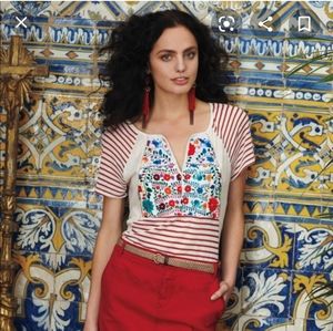 Anthropologie Tiny Striped Scenery Embroidered Tee